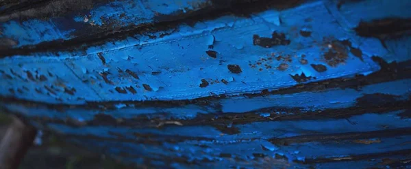 Egy Darab Régi Kék Fából Készült Hajóból Textúra Közelkép Panorámakép — Stock Fotó