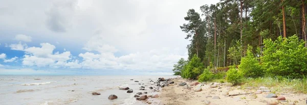 全景的岩石波罗的海海岸 拉脱维亚里加湾 戏剧化的天空 暴风雨的波浪 变化无常的天气 旅游目的地 生态旅游 — 图库照片