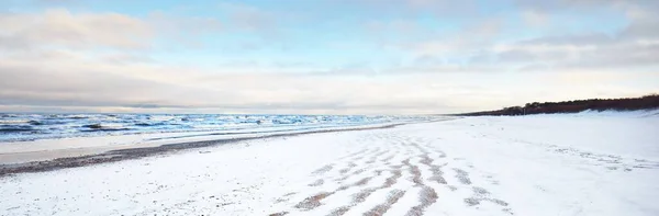 Widok Pokrytego Śniegiem Brzegu Morza Bałtyckiego Zachodzie Słońca Zatoka Ryska — Zdjęcie stockowe