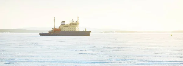 Isbrytare Närbild Vita Havet Polcirkeln Ryssland Isstruktur Begreppet Vinterlandskap Ekologi — Stockfoto