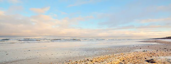 Заснеженный Берег Балтийского Моря Пляж Закате Ракушки Крупным Планом Драматическое — стоковое фото