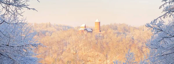 Vue Aérienne Panoramique Ancien Château Turaida Par Une Journée Hiver — Photo