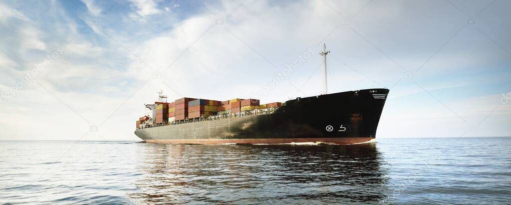 Large cargo container ship sailing in the Baltic sea. Concept seascape. Panoramic view from the sailing boat. Freight transportation, nautical vessel, logistics