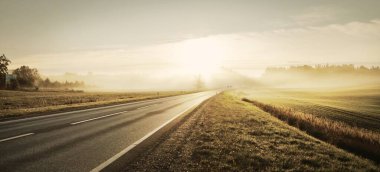 Karayolunun panoramik manzarası (yeni asfalt yolu) gün doğumunda sisli bir havada tarla ve orman boyunca uzanır. Saf altın ışık, berrak gökyüzü. Ulaşım, tatiller, sürüş, özgürlük temaları