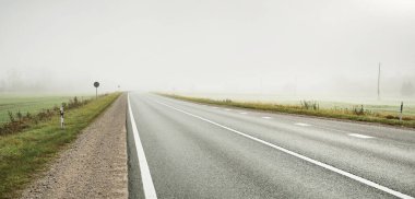 Gün doğumunda sisli bir havada boş otobanın arabasından ormana ve tarlalara doğru panoramik bir manzara. Avrupa. Ulaşım, lojistik, seyahat, yolculuk, özgürlük, sürüş. Kırsal alan