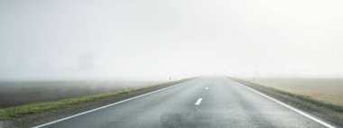 Gün doğumunda sisli bir havada boş otobanın arabasından ormana ve tarlalara doğru panoramik bir manzara. Avrupa. Ulaşım, lojistik, seyahat, yolculuk, özgürlük, sürüş. Kırsal alan