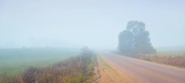 Vista Panorâmica Carro Estrada Terra Através Dos Campos Floresta Nevoeiro — Fotografia de Stock