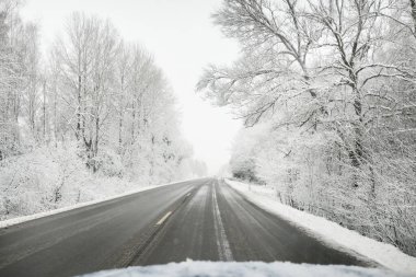 Boş otoyol (asfalt yol) karla kaplı ormanın içinden, kırsal alanda. Arabadan bak. Avrupa. Doğa, Noel tatilleri, uzak yerler, kış lastikleri, tehlikeli sürüş konsepti