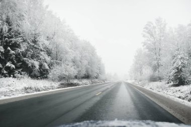 Boş otoyol (asfalt yol) karla kaplı ormanın içinden, kırsal alanda. Arabadan bak. Avrupa. Doğa, Noel tatilleri, uzak yerler, kış lastikleri, tehlikeli sürüş konsepti