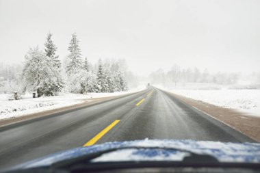 Karla kaplı orman ve arazide boş otoyol (asfalt yol). ABD. Doğa, Noel tatilleri, uzak yerler, kış lastikleri, tehlikeli sürüş konsepti