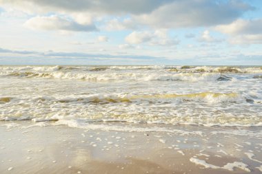 Kumlu bir sahilden (kum tepeleri) Baltık denizinin panoramik görüntüsü. Parlayan bulutlarla, dalgalarla ve su sıçramalarıyla berrak bir gökyüzü. Idyllic deniz manzarası. Sıcak kış havası, iklim değişikliği, doğa