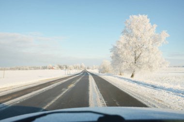Karla kaplı orman ve kırsal alanda boş otoyol (asfalt yol). Kar sürükleniyor. Avrupa. Doğa, Noel tatilleri, uzak yerler, kış lastikleri, tehlikeli sürüş konsepti
