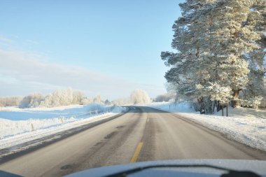 Karla kaplı orman ve kırsal alanda boş otoyol (asfalt yol). Kar sürükleniyor. Avrupa. Doğa, Noel tatilleri, uzak yerler, kış lastikleri, tehlikeli sürüş konsepti
