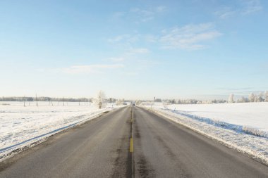 Karla kaplı orman ve kırsal alanda boş otoyol (asfalt yol). Kar sürükleniyor. Avrupa. Doğa, Noel tatilleri, uzak yerler, kış lastikleri, tehlikeli sürüş konsepti