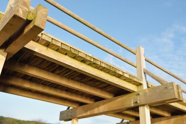 Modern ahşap yürüyüş yolu (bisiklet yolu, tahta yol). Eğlence alanı, orman parkı. Yumuşak güneş ışığı, açık gökyüzü. Baharın başında. Idyllic manzara. Doğa, çevre, ekoloji, eko-turizm, tatiller, hafta sonu