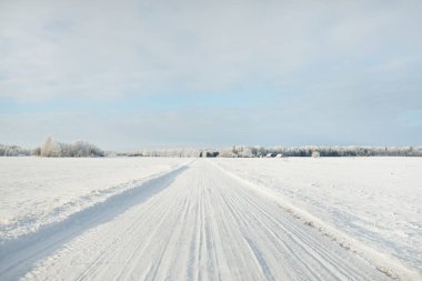 Kırsal alanda, karla kaplı tarlaların içinden geçen köy yolu. Arabadan görüntü. Kar sürükleniyor. Avrupa. Doğa, Noel tatilleri, uzak yerler, kış lastikleri, tehlikeli sürüş konsepti