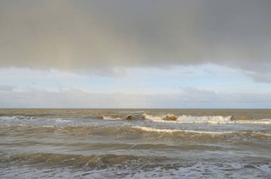 Kumlu bir sahilden (kum tepeleri) Baltık denizinin panoramik görüntüsü. Koyu bulutlu dramatik bir gökyüzü. Dalgalar, su sıçramaları. Idyllic deniz manzarası. Sıcak kış havası, iklim değişikliği, doğa. Danimarka