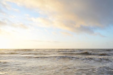 Gün batımında Baltık Denizi. Dramatik gökyüzü, mavi ve pembe parlayan bulutlar, altın güneş ışığı. Dalgalar, su sıçratma. Resimli manzara, deniz manzarası, doğa. Panoramik görünüm,