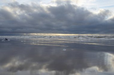 Fırtınadan sonra Baltık Denizi. Yumuşak günbatımı ışığı, çarpıcı parlayan bulutlar. Deniz manzarası, bulutlar, doğa. Sudaki yansımalar. Panoramik manzara. Ekoloji, iklim değişikliği, hava durumu