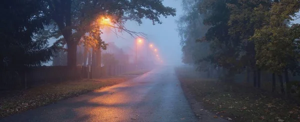 Пустой Освещенный Асфальтовая Дорога Через Деревья Деревню Тумане Дождливый Осенний — стоковое фото