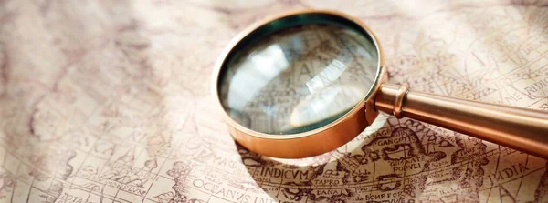 Retro Copper Colored Magnifying Glass Old White Nautical Chart Close — Stock Photo, Image