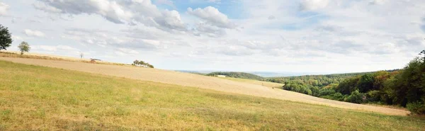 Panoramisch Uitzicht Gouden Landbouwvelden Groene Bosheuvels Dorp Achtergrond Bewolkte Blauwe — Stockfoto