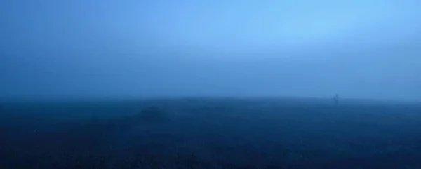 Campo Agrícola Arborizado Nascer Sol Luar Estrelas Nevoeiro Neblina Céu — Fotografia de Stock