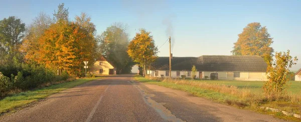Une Vieille Route Goudronnée Travers Village Une Ruelle Chênes Maison — Photo