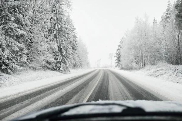 Empty Highway Asphalt Road Snow Covered Forest Rural Area View — Photo