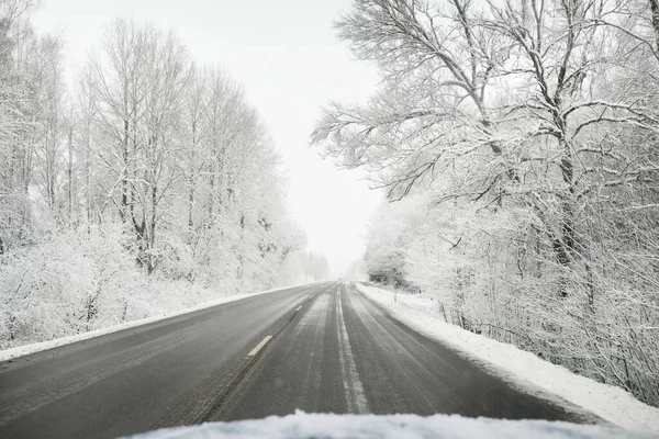 Boş otoyol (asfalt yol) karla kaplı ormanın içinden, kırsal alanda. Arabadan bak. Avrupa. Doğa, Noel tatilleri, uzak yerler, kış lastikleri, tehlikeli sürüş konsepti