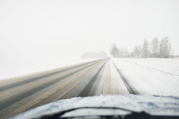 Empty Highway Asphalt Road Snow Covered Forest Fields Rural Area — 스톡 사진