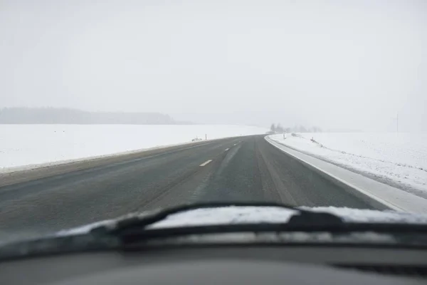 Empty Highway Asphalt Road Snow Covered Forest Fields Rural Area — 스톡 사진