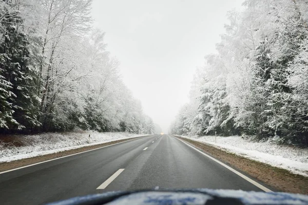 Boş otoyol (asfalt yol) karla kaplı ormanın içinden, kırsal alanda. Arabadan bak. Avrupa. Doğa, Noel tatilleri, uzak yerler, kış lastikleri, tehlikeli sürüş konsepti