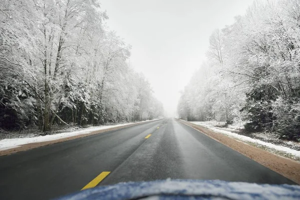 Empty Highway Asphalt Road Snow Covered Forest Canada Nature Christmas — Photo