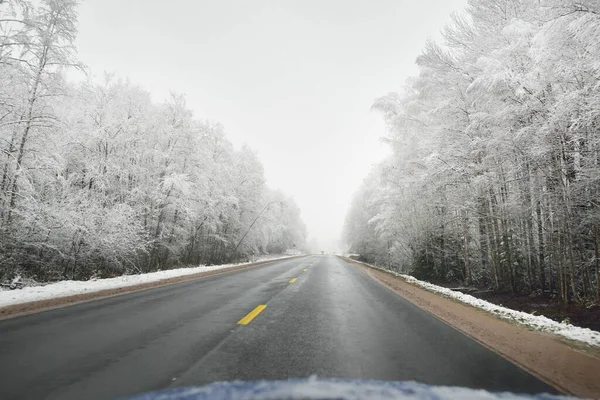 Empty Highway Asphalt Road Snow Covered Forest Canada Nature Christmas — 스톡 사진