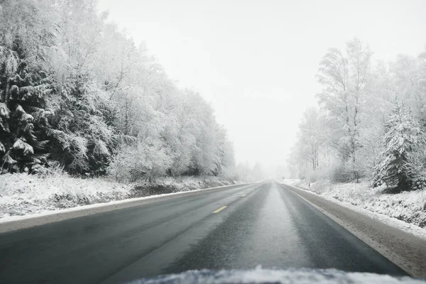 Boş otoyol (asfalt yol) karla kaplı ormanın içinden, kırsal alanda. Arabadan bak. Avrupa. Doğa, Noel tatilleri, uzak yerler, kış lastikleri, tehlikeli sürüş konsepti
