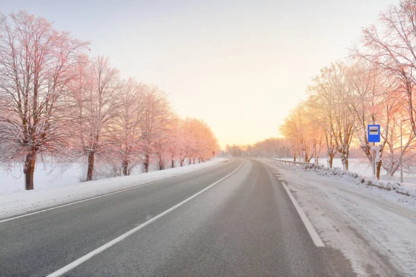 Karla kaplı orman ve kırsal alanda boş otoyol (asfalt yol). Otobüs durağı. Gündoğumu, kar yağışı. Doğa, Noel tatilleri, uzak yerler, kış lastikleri, tehlikeli sürüş konsepti