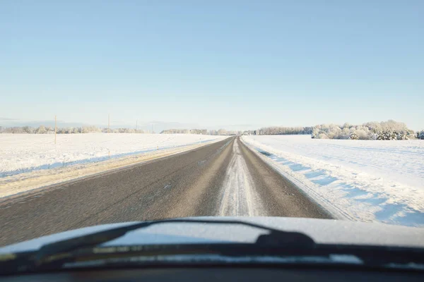 Empty Highway Asphalt Road Snow Covered Forest Fields Rural Area — 스톡 사진