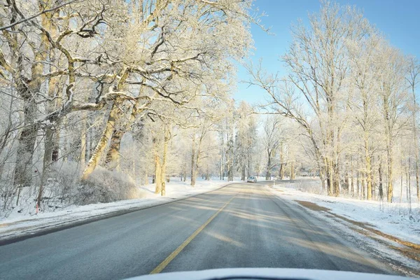 Empty Highway Asphalt Road Snow Covered Forest Fields Rural Area — 스톡 사진