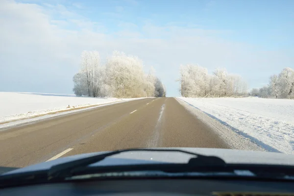 Empty Highway Asphalt Road Snow Covered Forest Fields Rural Area — 스톡 사진