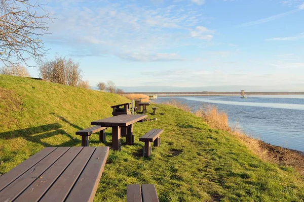 Modern Recreation Area Forest Park Lake Wooden Benches Tables Camping — Foto de Stock