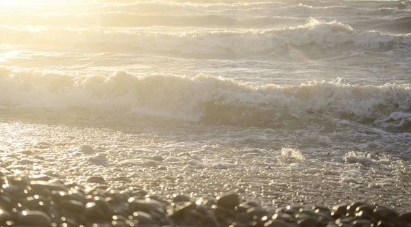 Fırtınadan sonra Baltık kıyıları. Gün batımı, yumuşak güneş ışığı. Su yüzeyi dokusu, çarpan dalgalar, sıçramalar, köpük. Resimli panoramik manzara. Idyllic deniz manzarası. Doğa, çevre, ekoloji temaları