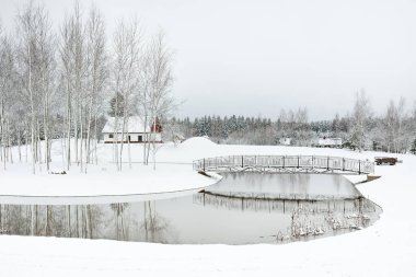 Orman nehri ve bulutlu bir kış gününde geleneksel yalnız ev. Kar fırtınası, kar tepeleri. Genç ladin ve huş ağaçları. Idyllic kırsal kesim. Noel tatilleri, ekolojik tatil beldeleri, uzak yerler
