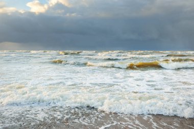 Fırtınadan sonra Baltık kıyıları (kum tepeleri, plaj). Dramatik gökyüzü, parlayan bulutlar. Resimli panoramik manzara. Doğa, çevre, ekoloji, eko-turizm, yürüyüş, keşif kavramları