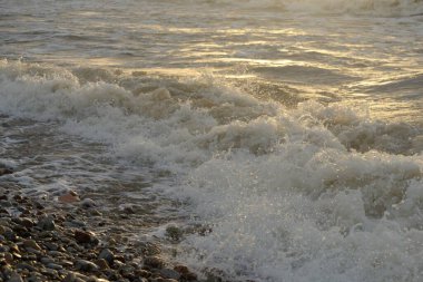 Fırtınadan sonra Baltık kıyıları. Gün batımı, yumuşak güneş ışığı. Su yüzeyi dokusu, çarpan dalgalar, sıçramalar, köpük. Resimli panoramik manzara. Idyllic deniz manzarası. Doğa, çevre, ekoloji temaları