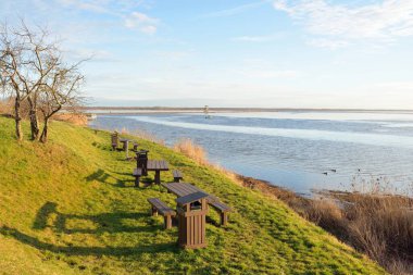 Modern dinlenme alanı, orman parkı, göl. Tahta banklar, masalar. Kamp alanı. Yumuşak güneş ışığı, açık gökyüzü. Baharın başında. Idyllic manzara. Doğa, çevre, ekoloji, eko-turizm, tatiller, hafta sonu