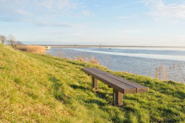 Modern dinlenme alanı, orman parkı, göl. Tahta banklar, masalar. Kamp alanı. Yumuşak güneş ışığı, açık gökyüzü. Baharın başında. Idyllic manzara. Doğa, çevre, ekoloji, eko-turizm, tatiller, hafta sonu