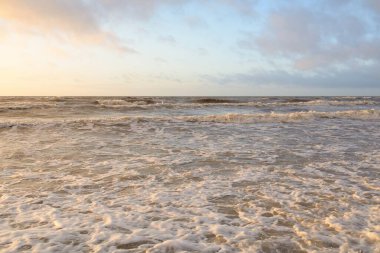 Gün batımında Baltık Denizi. Dramatik gökyüzü, mavi ve pembe parlayan bulutlar, altın güneş ışığı. Dalgalar, su sıçratma. Resimli manzara, deniz manzarası, doğa. Panoramik görünüm,