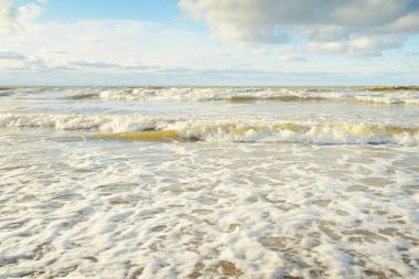 Kumlu bir sahilden (kum tepeleri) Baltık denizinin panoramik görüntüsü. Parlayan bulutlarla, dalgalarla ve su sıçramalarıyla berrak bir gökyüzü. Idyllic deniz manzarası. Sıcak kış havası, iklim değişikliği, doğa