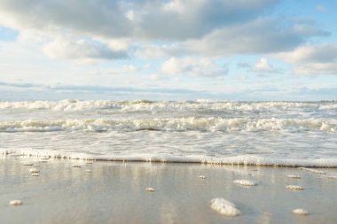 Kumlu bir sahilden (kum tepeleri) Baltık denizinin panoramik görüntüsü. Parlayan bulutlarla, dalgalarla ve su sıçramalarıyla berrak bir gökyüzü. Idyllic deniz manzarası. Sıcak kış havası, iklim değişikliği, doğa